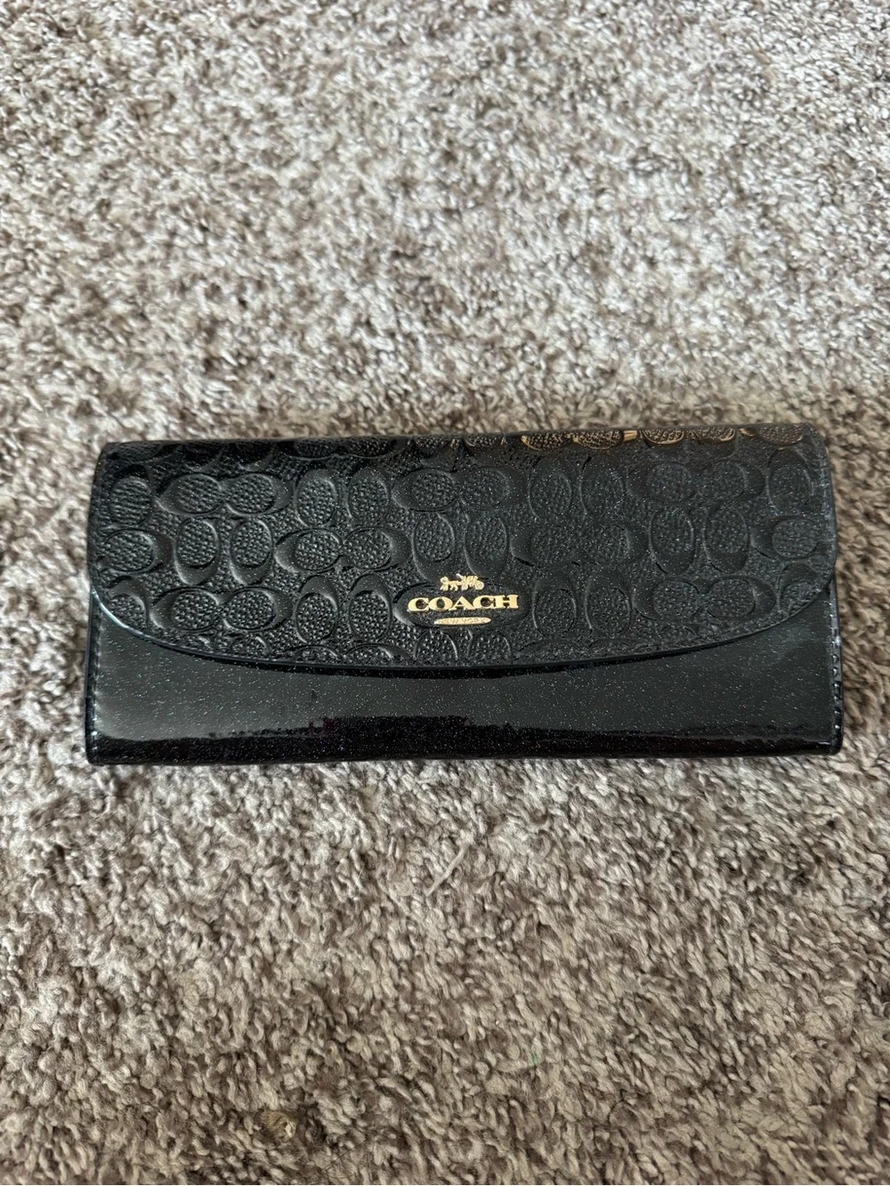 Coach Black Signature Patent Continental Wallet with Gold Logo